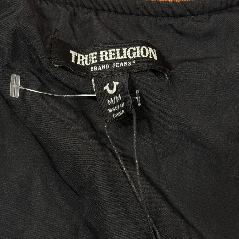 True Religion Black Fleece Bomber Jacket Mens Medium Embossed Logo Snap NWT‎